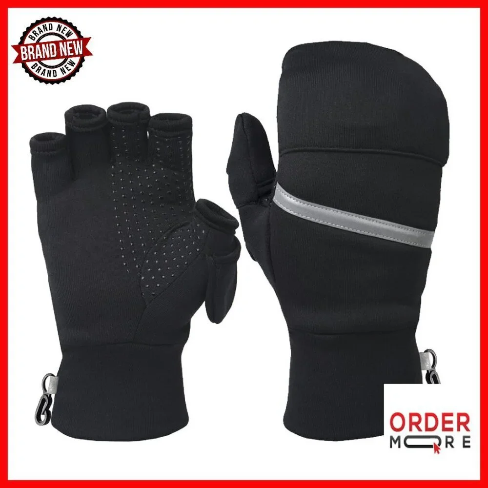 Women's Convertible Running Mittens - Fingerless Gloves Reflective Accents